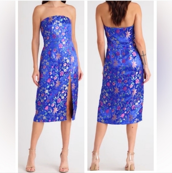 Lulus Make a Move Floral Asian Inspired Satin Strapless Midi Dress Size Small - Picture 1 of 8